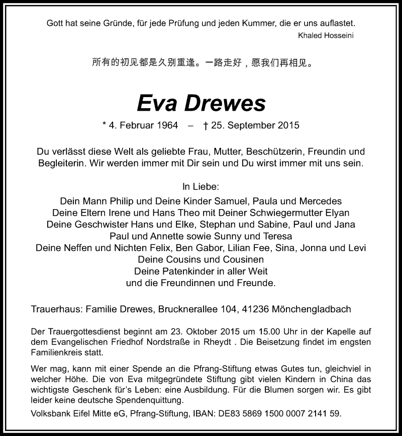 Traueranzeige für Eva Drewes
